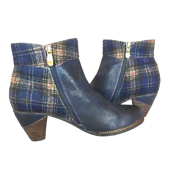 Spring Step LArtiste Scotala Heeled Ankle Boot 10/41 Navy Blue Plaid Leather Zip - Picture 3 of 13